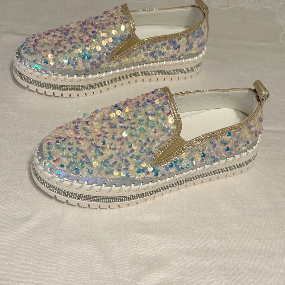Iridescent sequin slip-on platform sneakers